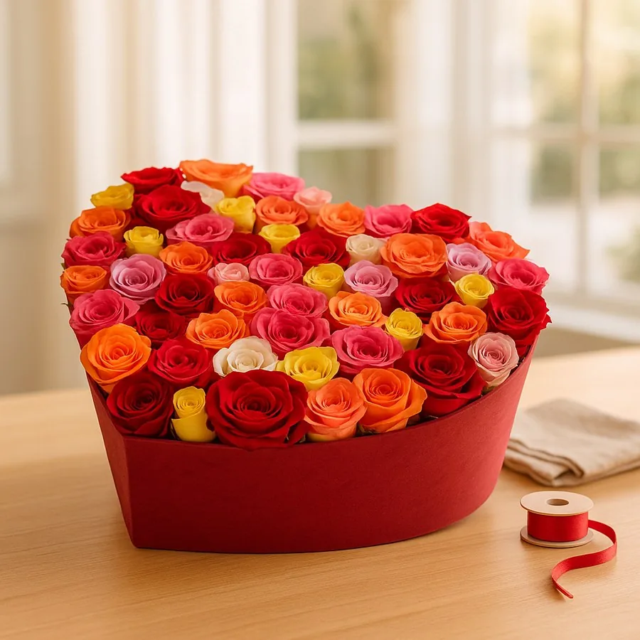 55 Gemischtfarben Rosen in einer Herzbox