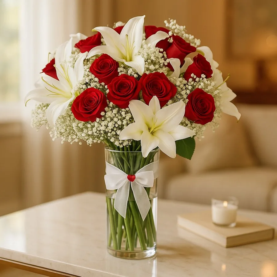 15 Red Rose and Lily in a Glass Vase